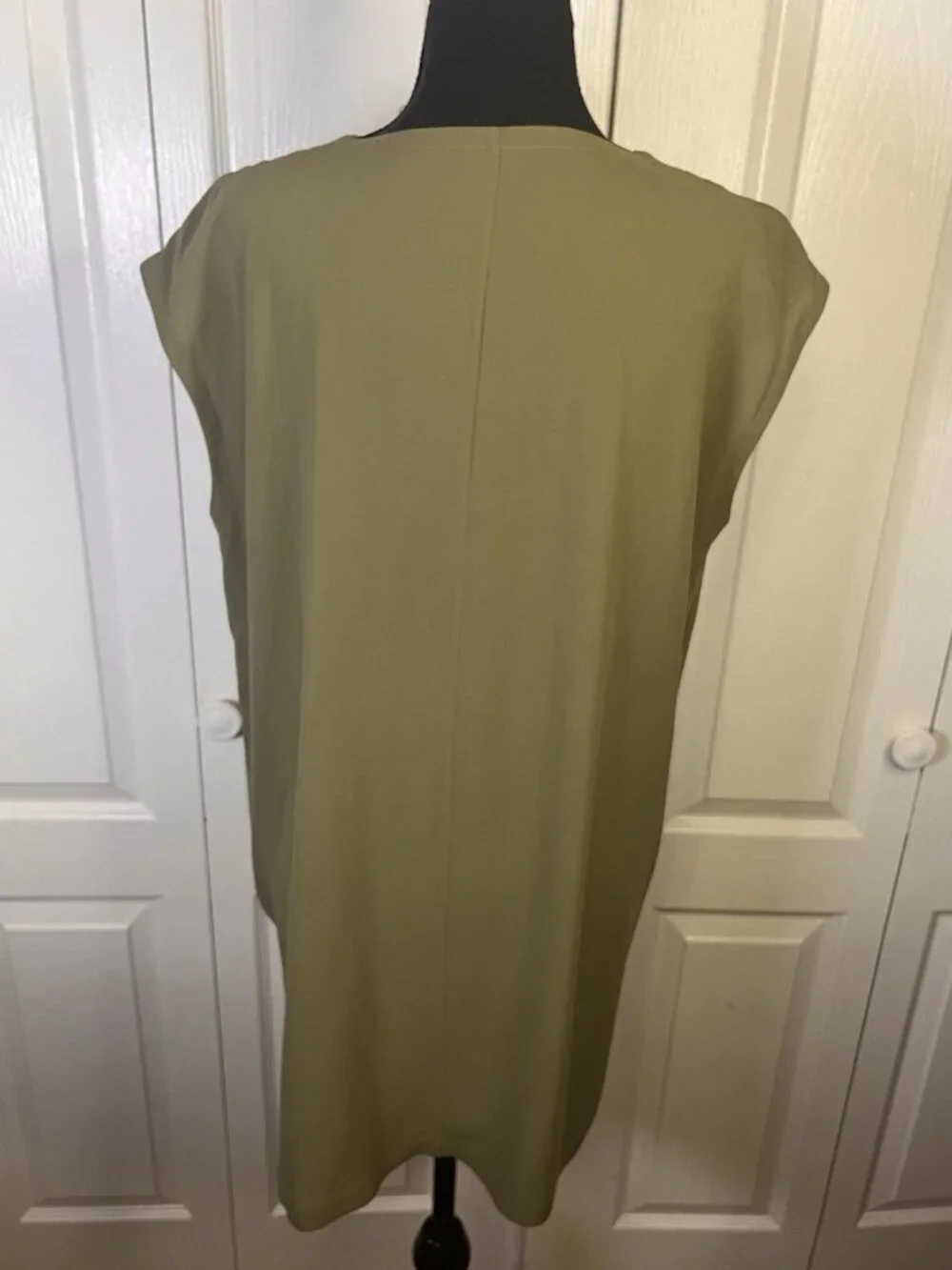 EILEEN FISHER Silk Georgette Crepe green Vneck Tunic Sz S Pockets Dolman Cap - Picture 6 of 8